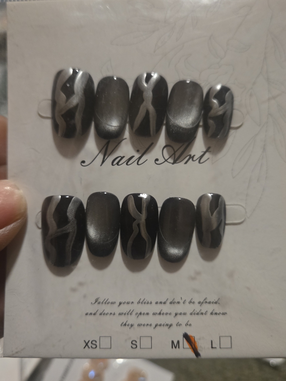 Matte Black Press-On Nails with Silver Abstract Lines
